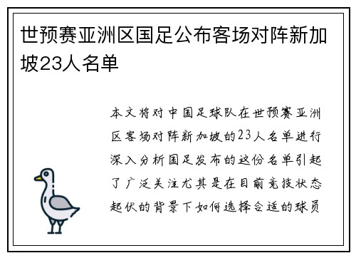 世预赛亚洲区国足公布客场对阵新加坡23人名单