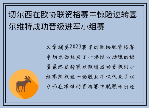 切尔西在欧协联资格赛中惊险逆转塞尔维特成功晋级进军小组赛