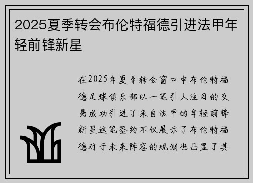 2025夏季转会布伦特福德引进法甲年轻前锋新星