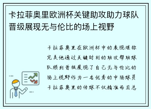 卡拉菲奥里欧洲杯关键助攻助力球队晋级展现无与伦比的场上视野